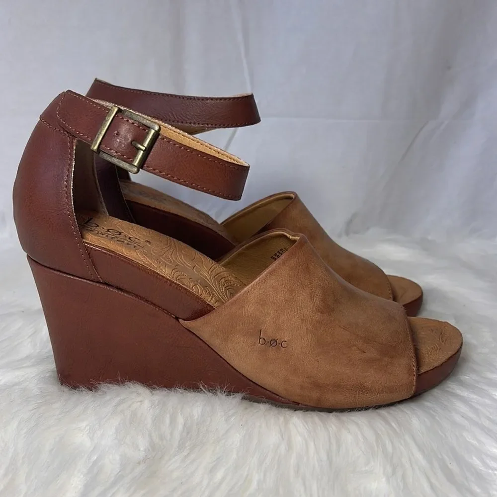Born Comfort Tan Leather Wedge Ankle Strap Shoes Sz‎ 10